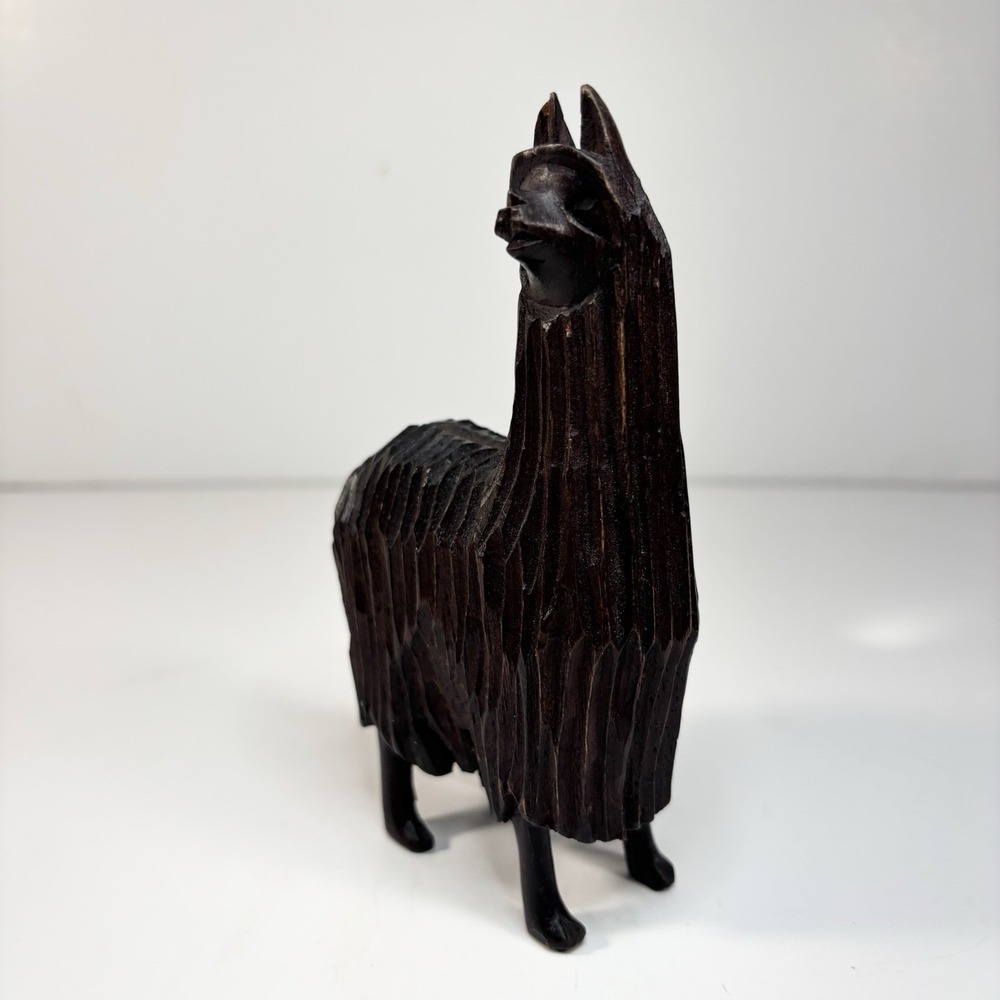 Vtg Boho Home Decor Small Hand Carved Dark Wood Alpaca Figurine Rustic Folk Art - Picture 2 of 6